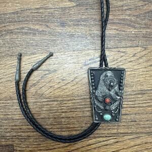 Vintage RAM Bear Bolo Tie Western Cowboy Pewter Look Turquoise Style